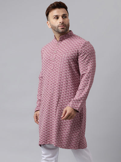 Hangup Men's Ethnic Embroidered Pink Kurta