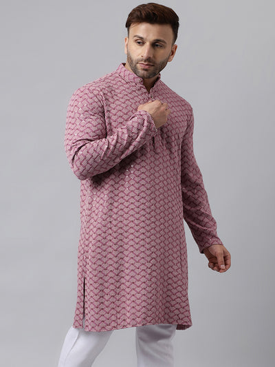 Hangup Men's Ethnic Embroidered Pink Kurta