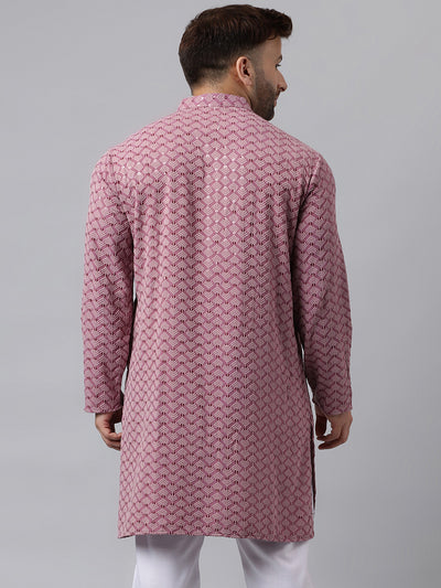 Hangup Men's Ethnic Embroidered Pink Kurta