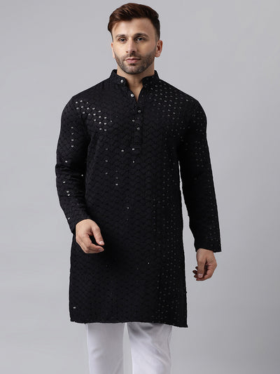 Hangup Men's Ethnic Embroidered Black Kurta