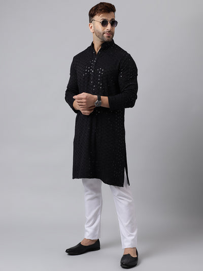 Hangup Men's Ethnic Embroidered Black Kurta