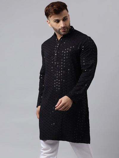 Hangup Men's Ethnic Embroidered Black Kurta