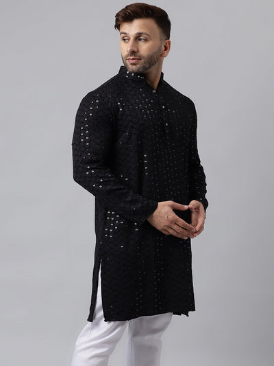 Hangup Men's Ethnic Embroidered Black Kurta