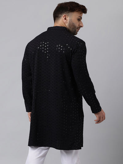 Hangup Men's Ethnic Embroidered Black Kurta