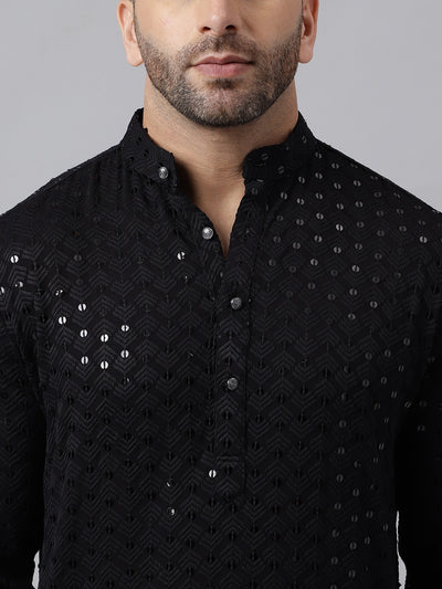 Hangup Men's Ethnic Embroidered Black Kurta