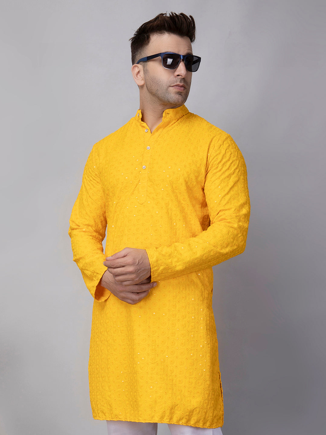 Hangup Men's Ethnic Embroidered Yellow Kurta