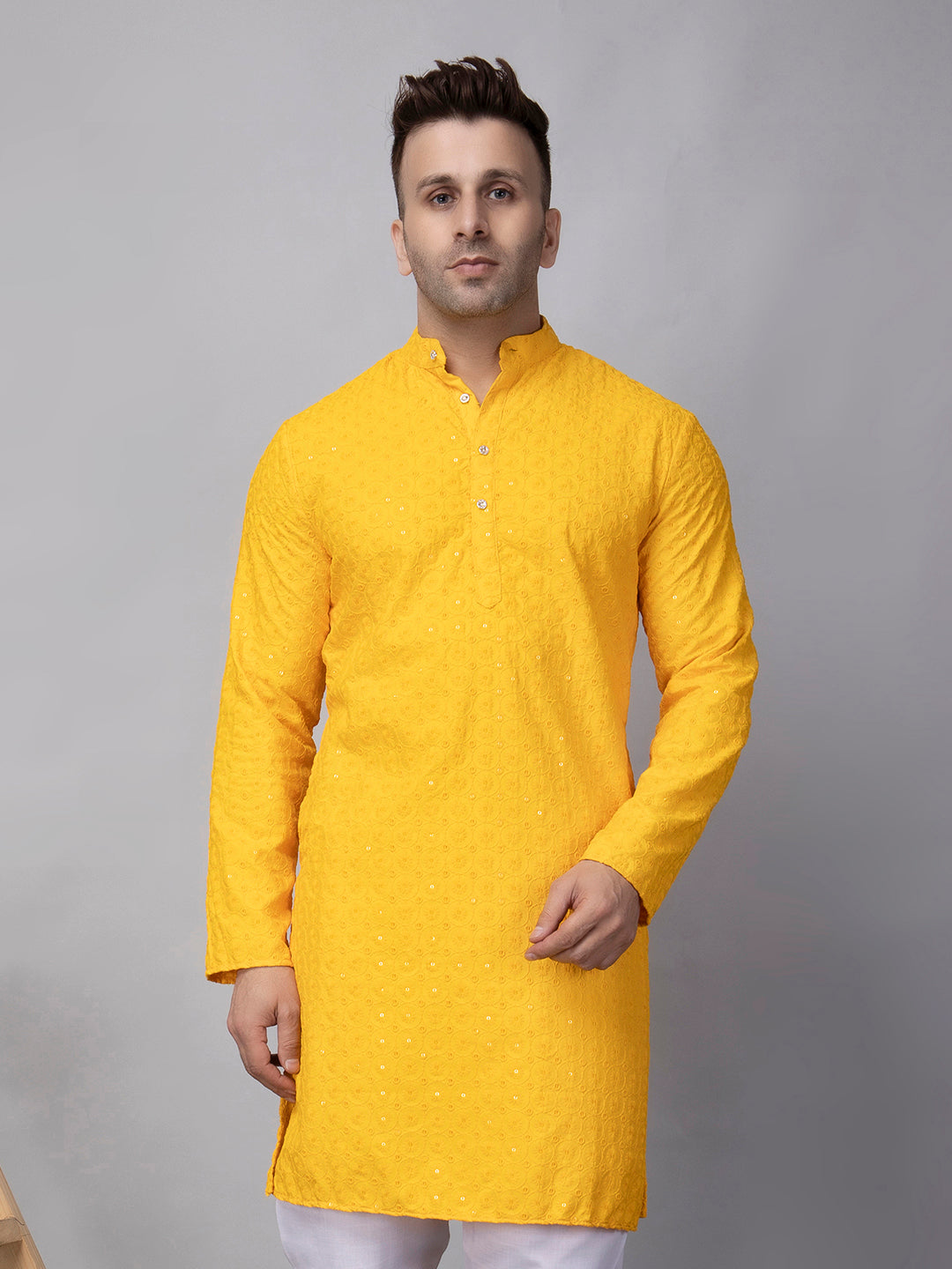 Hangup Men's Ethnic Embroidered Yellow Kurta