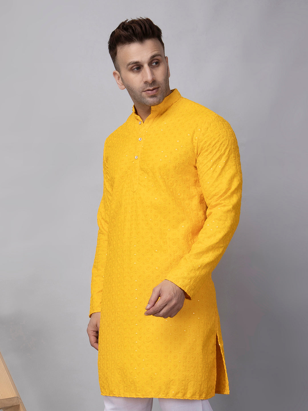 Hangup Men's Ethnic Embroidered Yellow Kurta