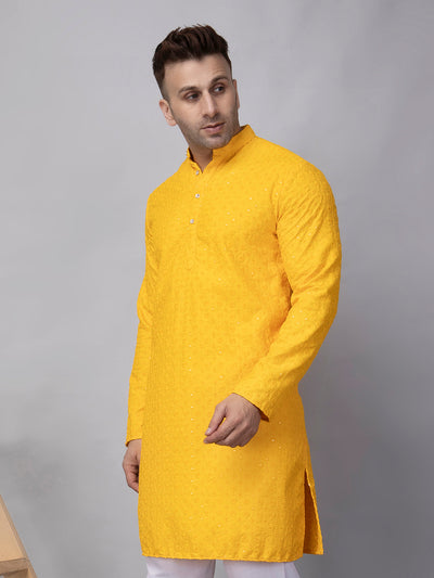 Hangup Men's Ethnic Embroidered Yellow Kurta