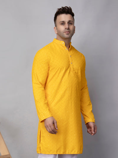 Hangup Men's Ethnic Embroidered Yellow Kurta