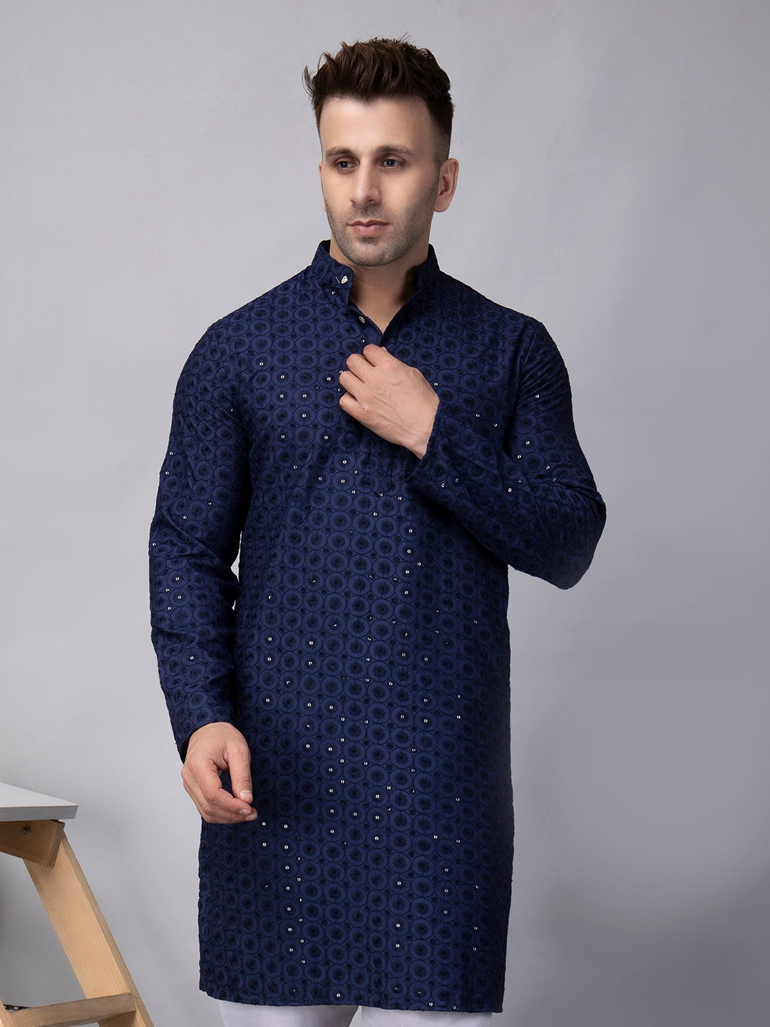 Hangup Men's Ethnic Embroidered navy blue Kurta