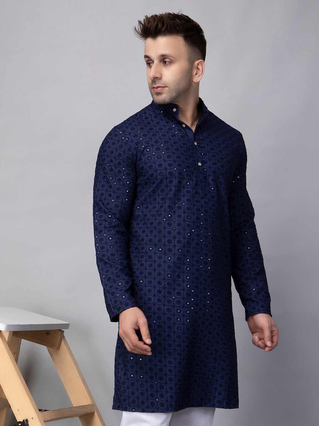 Hangup Men's Ethnic Embroidered navy blue Kurta