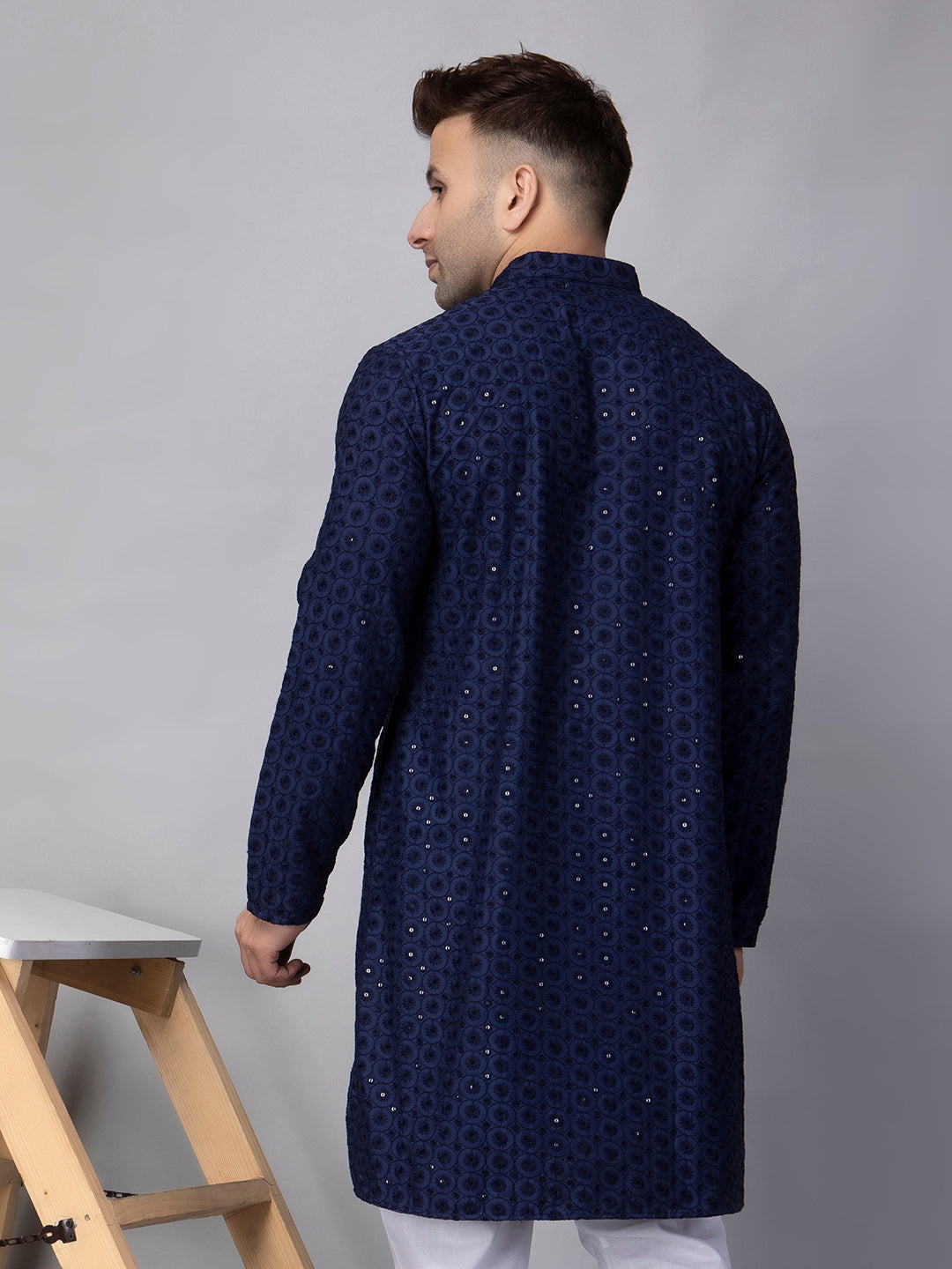 Hangup Men's Ethnic Embroidered navy blue Kurta