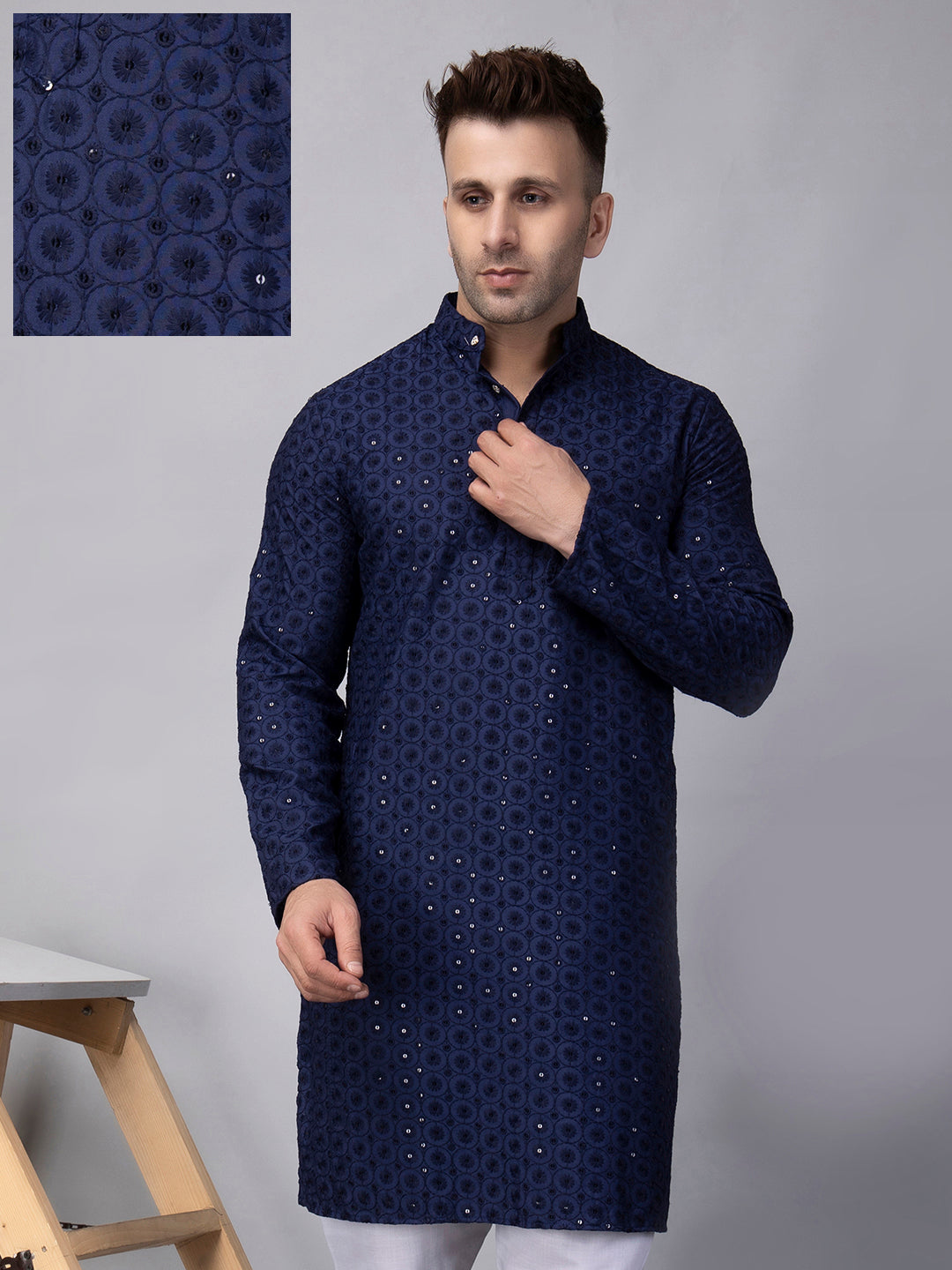 Hangup Men's Ethnic Embroidered navy blue Kurta