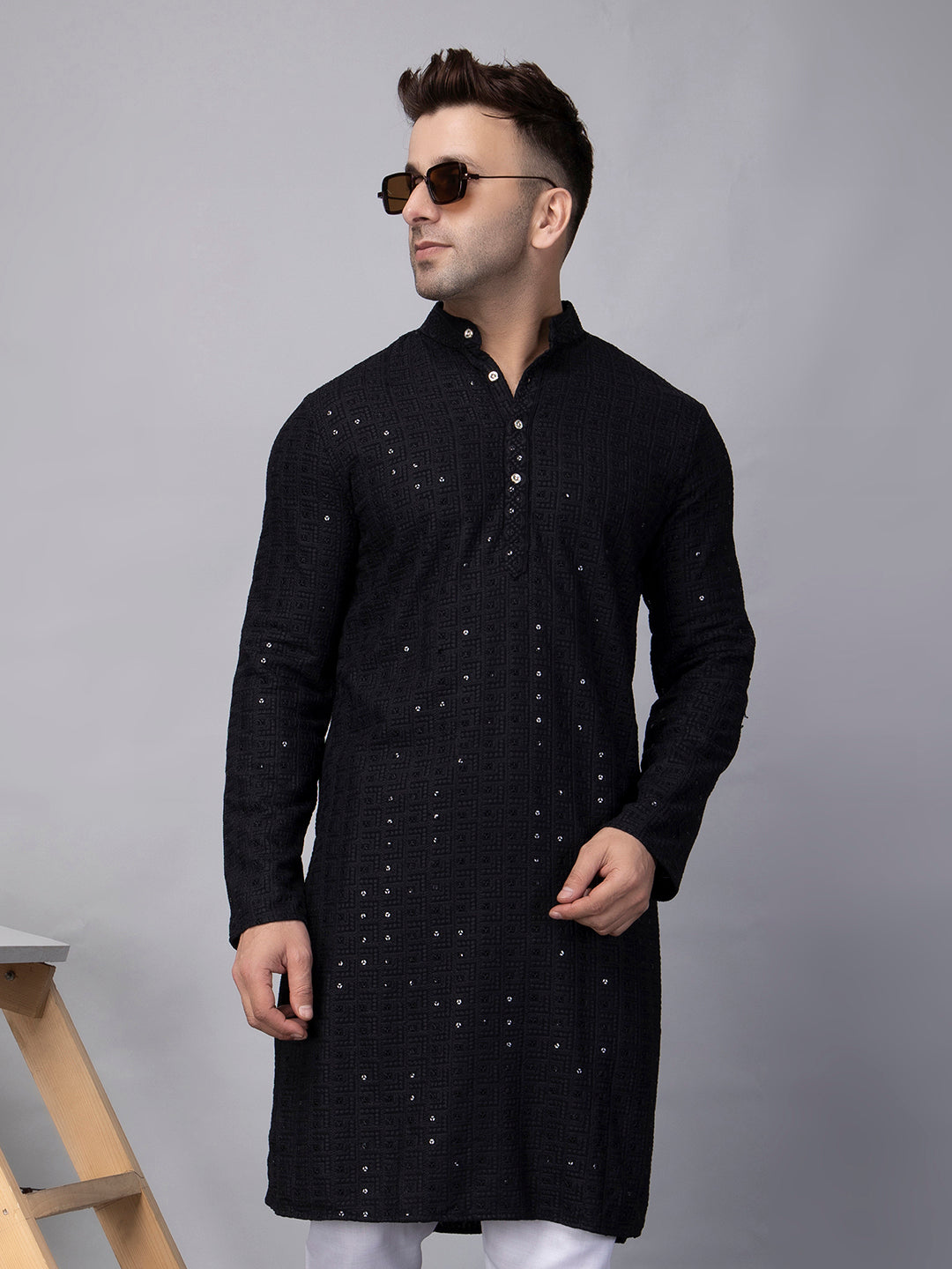 Hangup Men's Ethnic Embroidered black Kurta