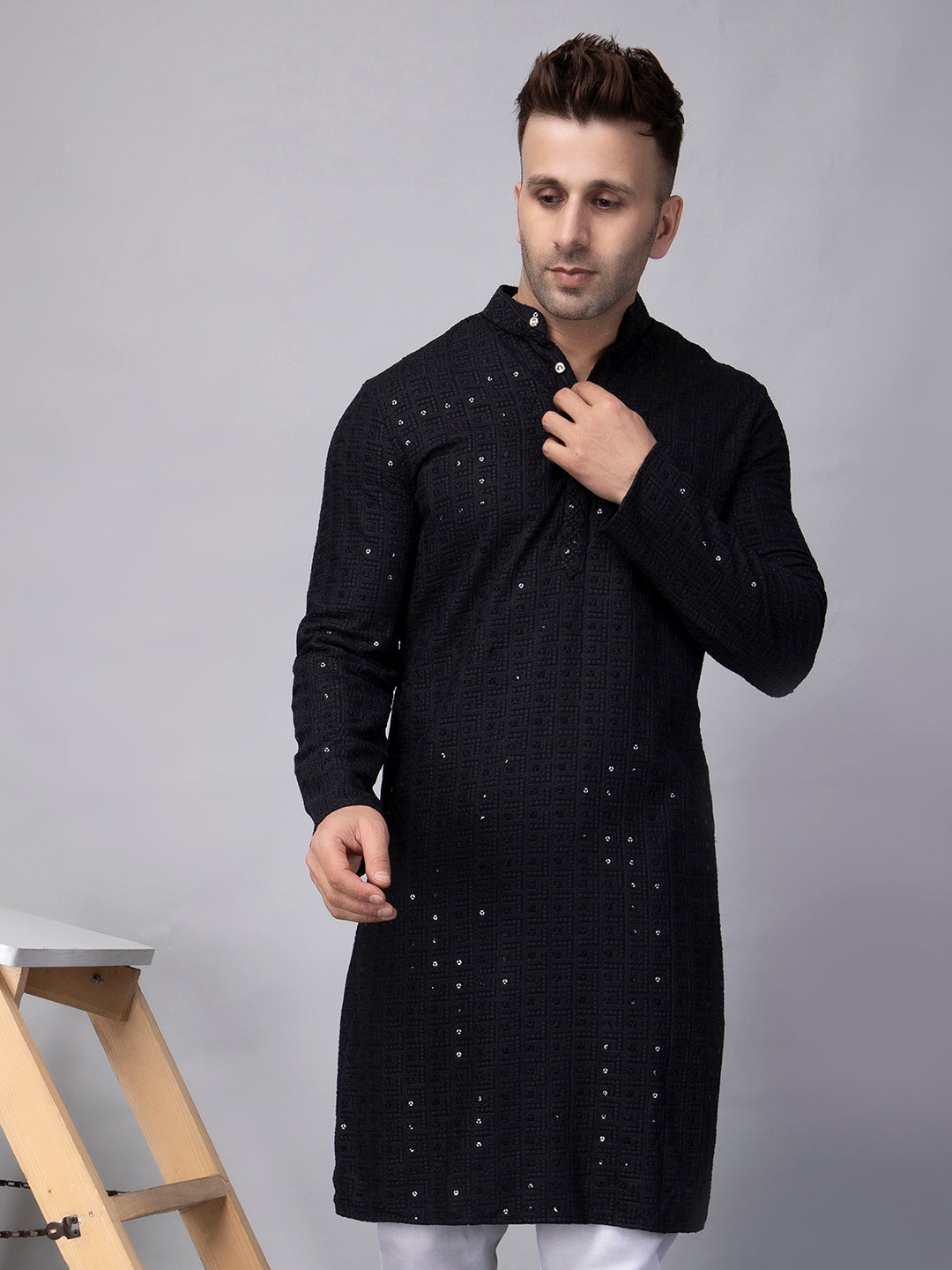 Hangup Men's Ethnic Embroidered black Kurta