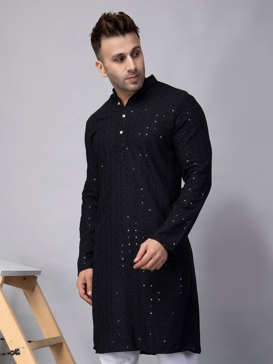 Hangup Men's Ethnic Embroidered black Kurta