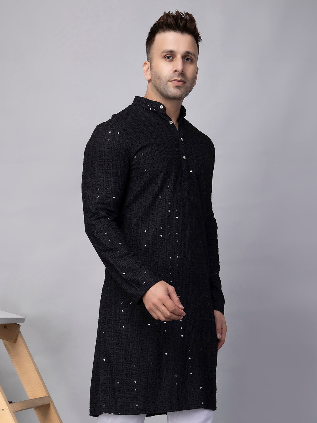 Hangup Men's Ethnic Embroidered black Kurta