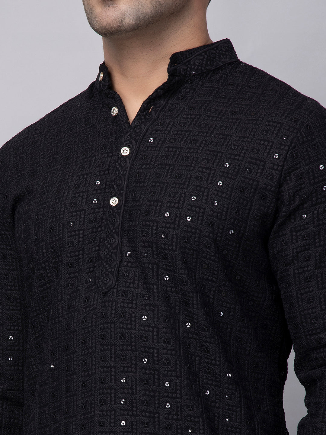 Hangup Men's Ethnic Embroidered black Kurta