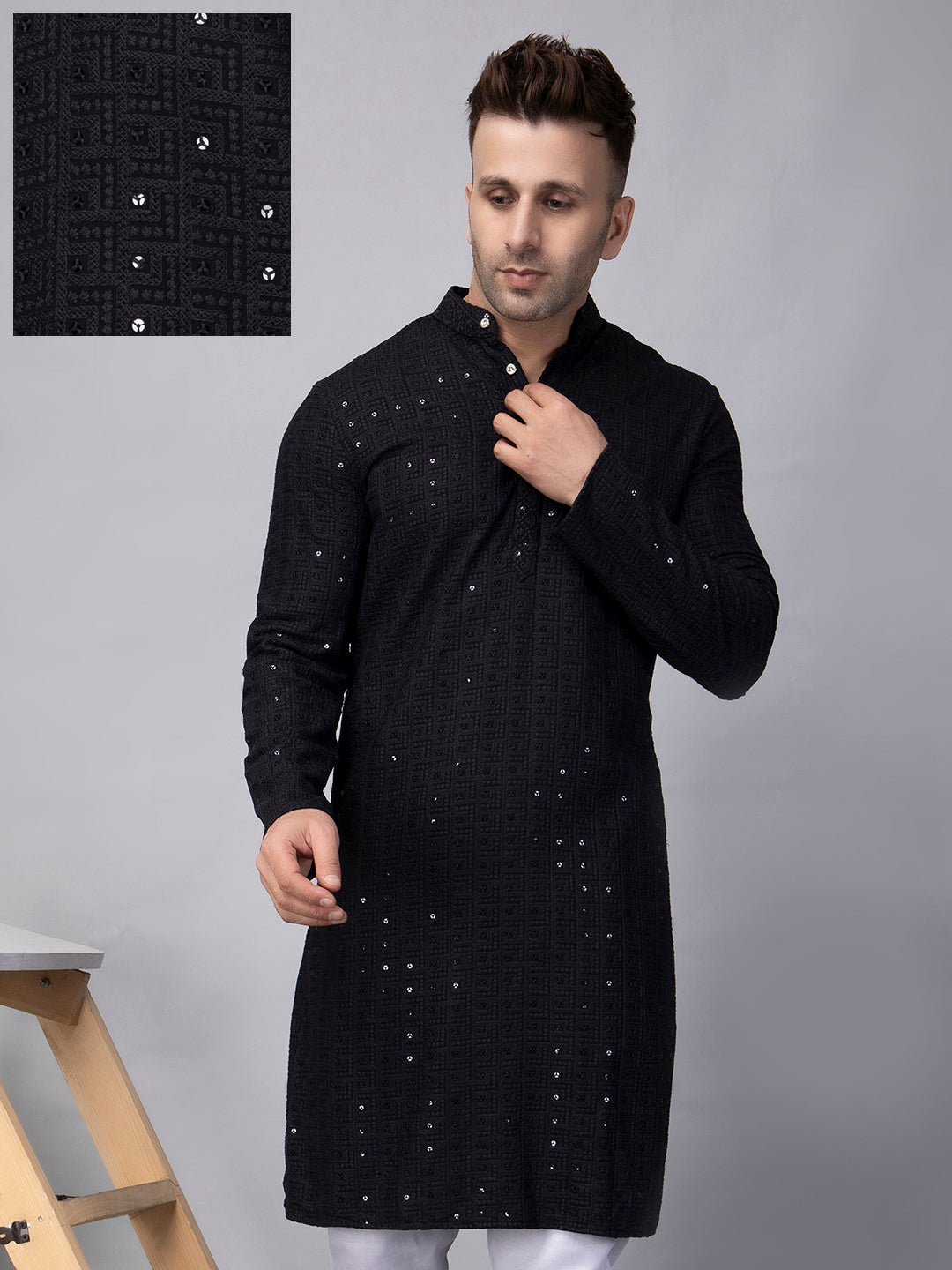 Hangup Men's Ethnic Embroidered black Kurta