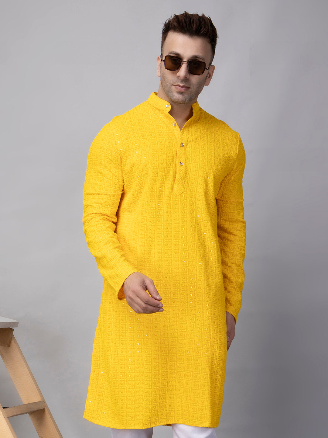 Hangup Men's Ethnic Embroidered Yellow Kurta