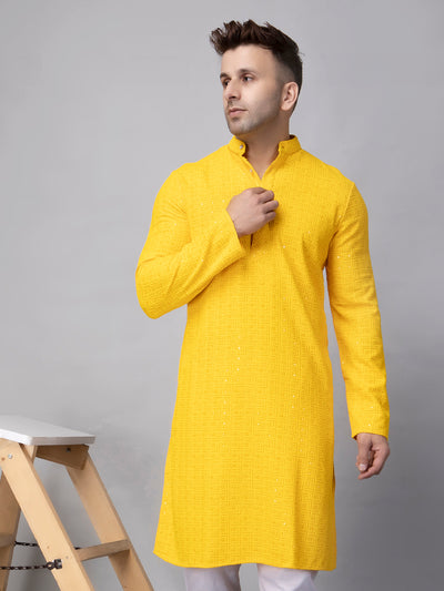 Hangup Men's Ethnic Embroidered Yellow Kurta