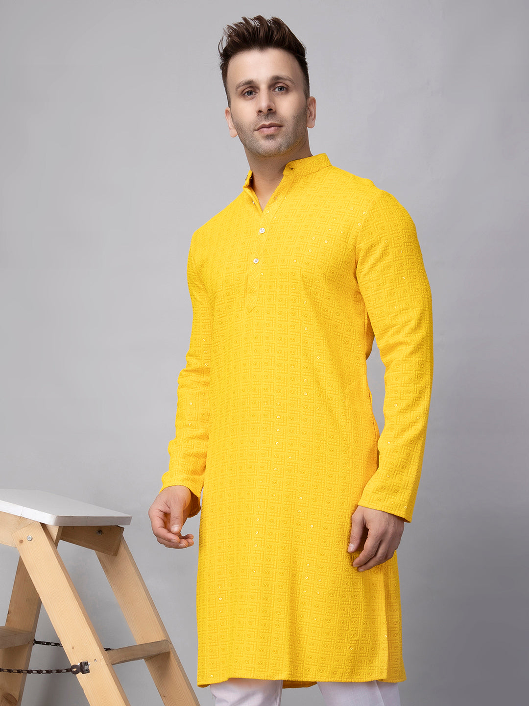 Hangup Men's Ethnic Embroidered Yellow Kurta