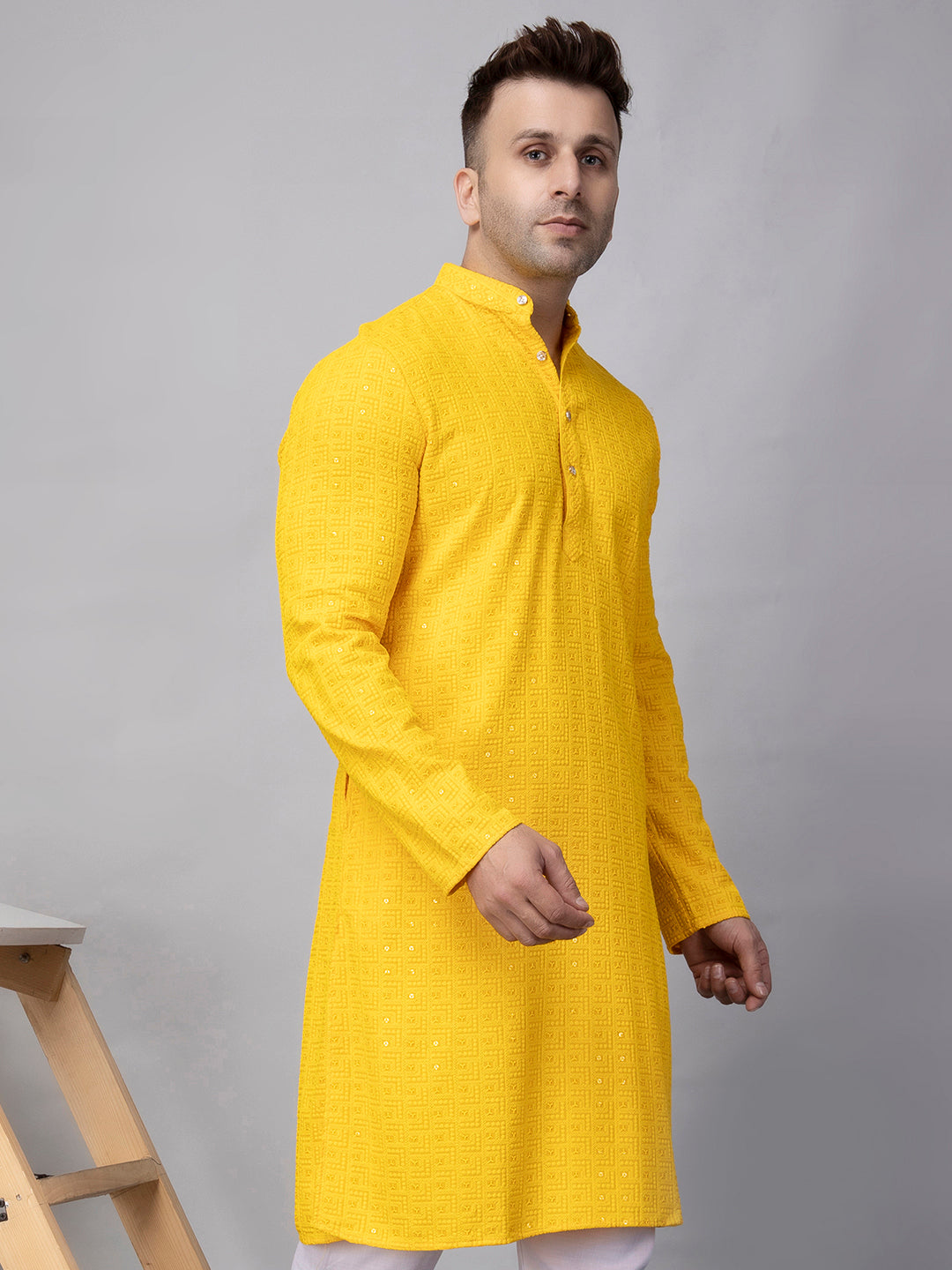 Hangup Men's Ethnic Embroidered Yellow Kurta