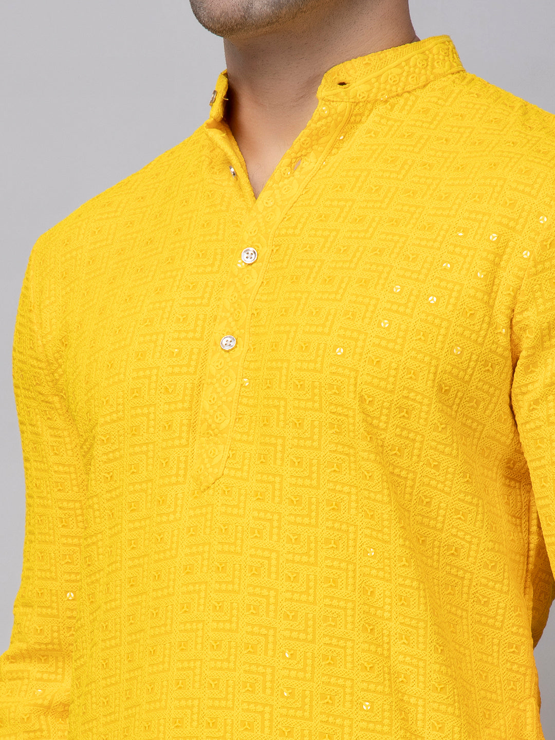 Hangup Men's Ethnic Embroidered Yellow Kurta