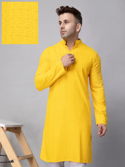 Hangup Men's Ethnic Embroidered Yellow Kurta