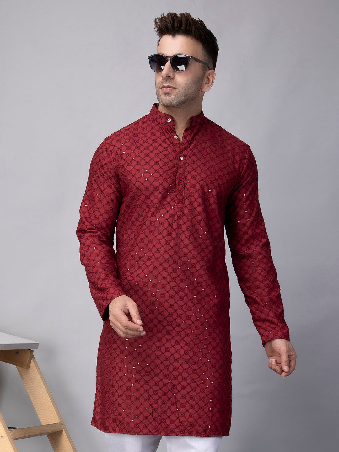 Hangup Men's Ethnic Embroidered maroon Kurta