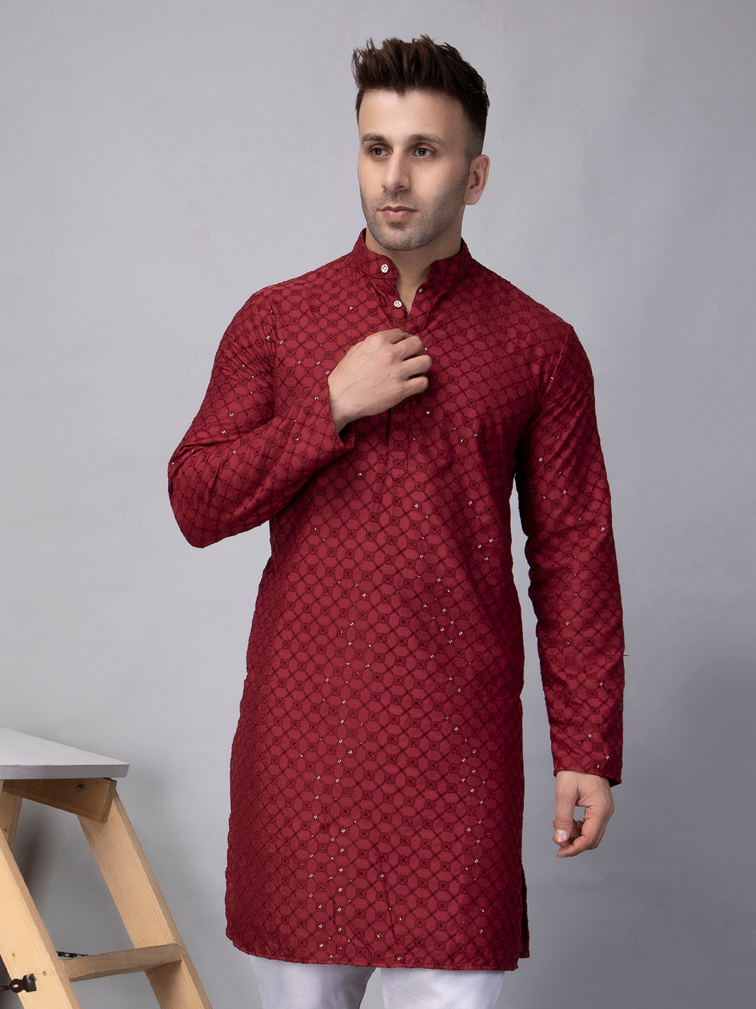 Hangup Men's Ethnic Embroidered maroon Kurta