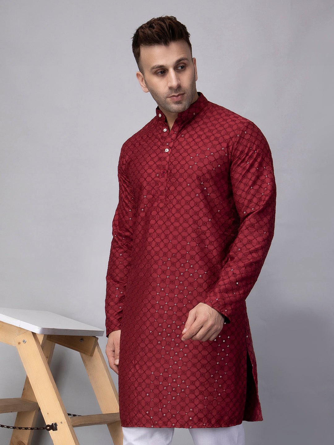 Hangup Men's Ethnic Embroidered maroon Kurta