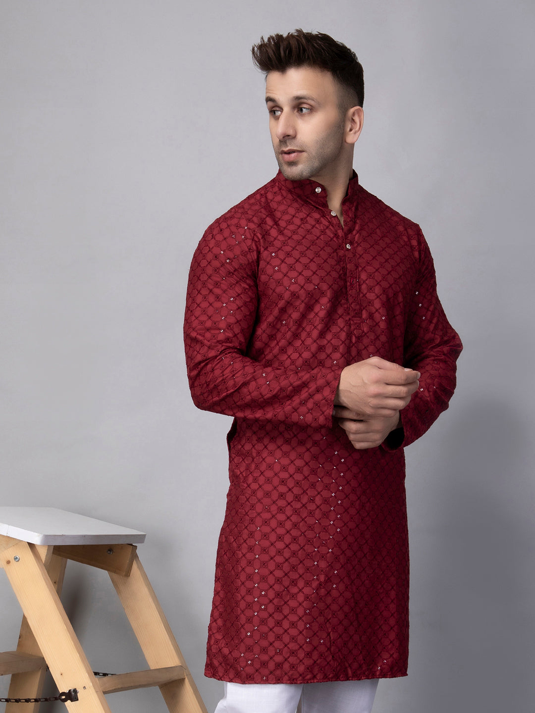 Hangup Men's Ethnic Embroidered maroon Kurta