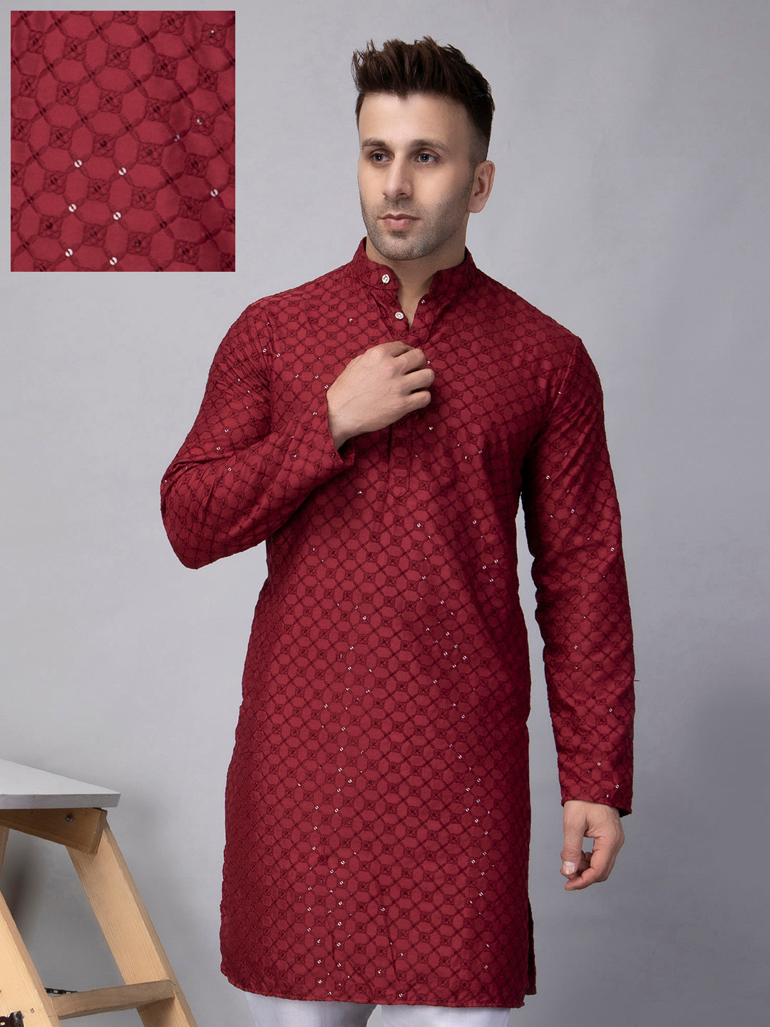 Hangup Men's Ethnic Embroidered maroon Kurta