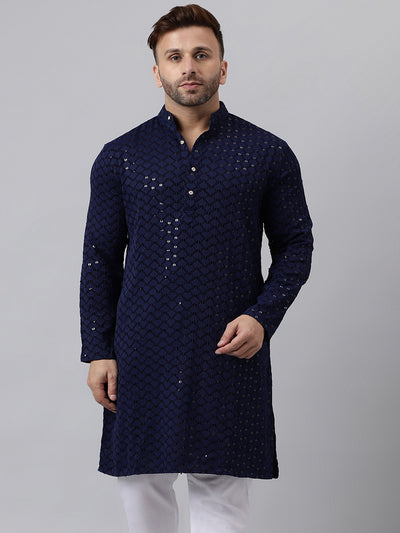 Hangup Men's Ethnic Embroidered Navy Kurta