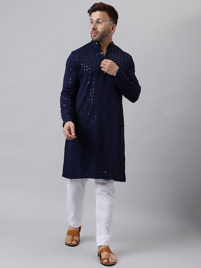 Hangup Men's Ethnic Embroidered Navy Kurta