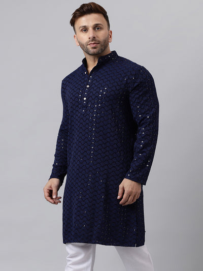 Hangup Men's Ethnic Embroidered Navy Kurta