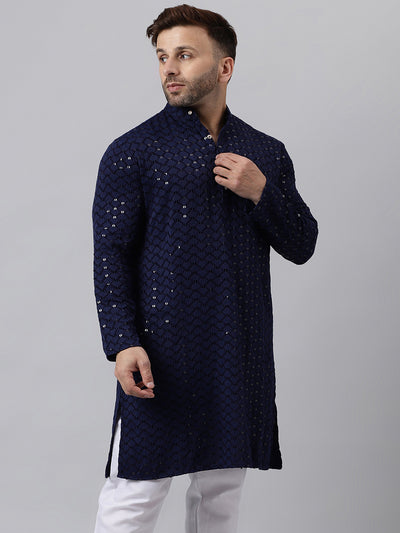 Hangup Men's Ethnic Embroidered Navy Kurta