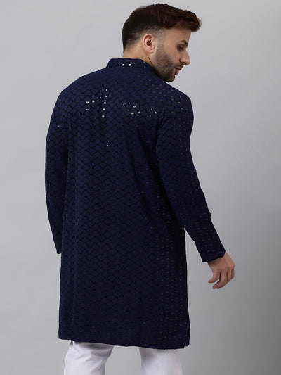 Hangup Men's Ethnic Embroidered Navy Kurta