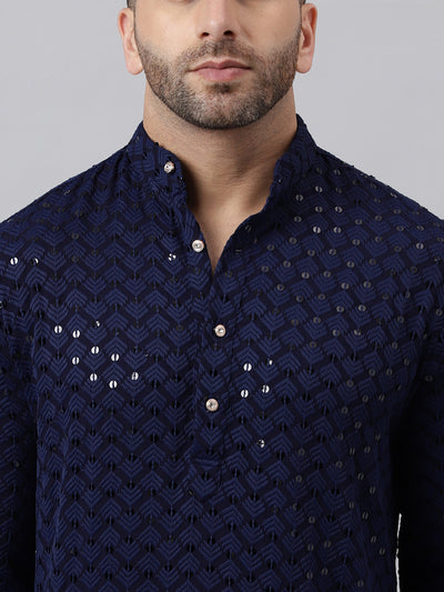 Hangup Men's Ethnic Embroidered Navy Kurta