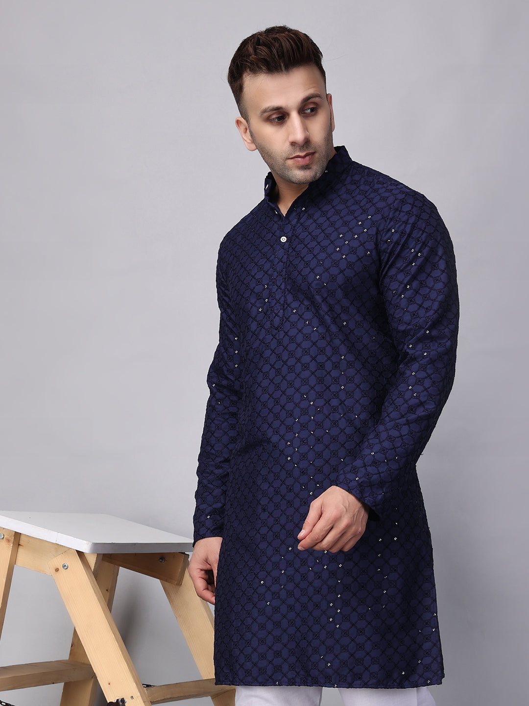 Hangup Men's Ethnic Embroidered navy blue Kurta