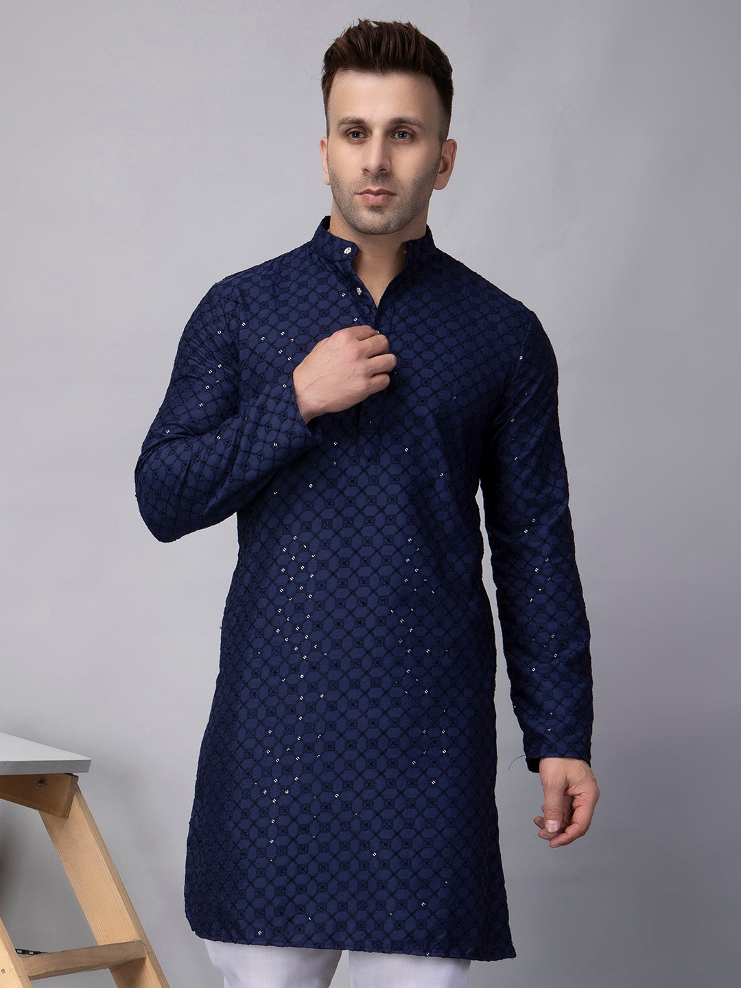 Hangup Men's Ethnic Embroidered navy blue Kurta