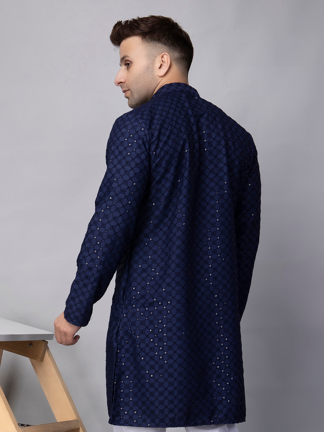 Hangup Men's Ethnic Embroidered navy blue Kurta