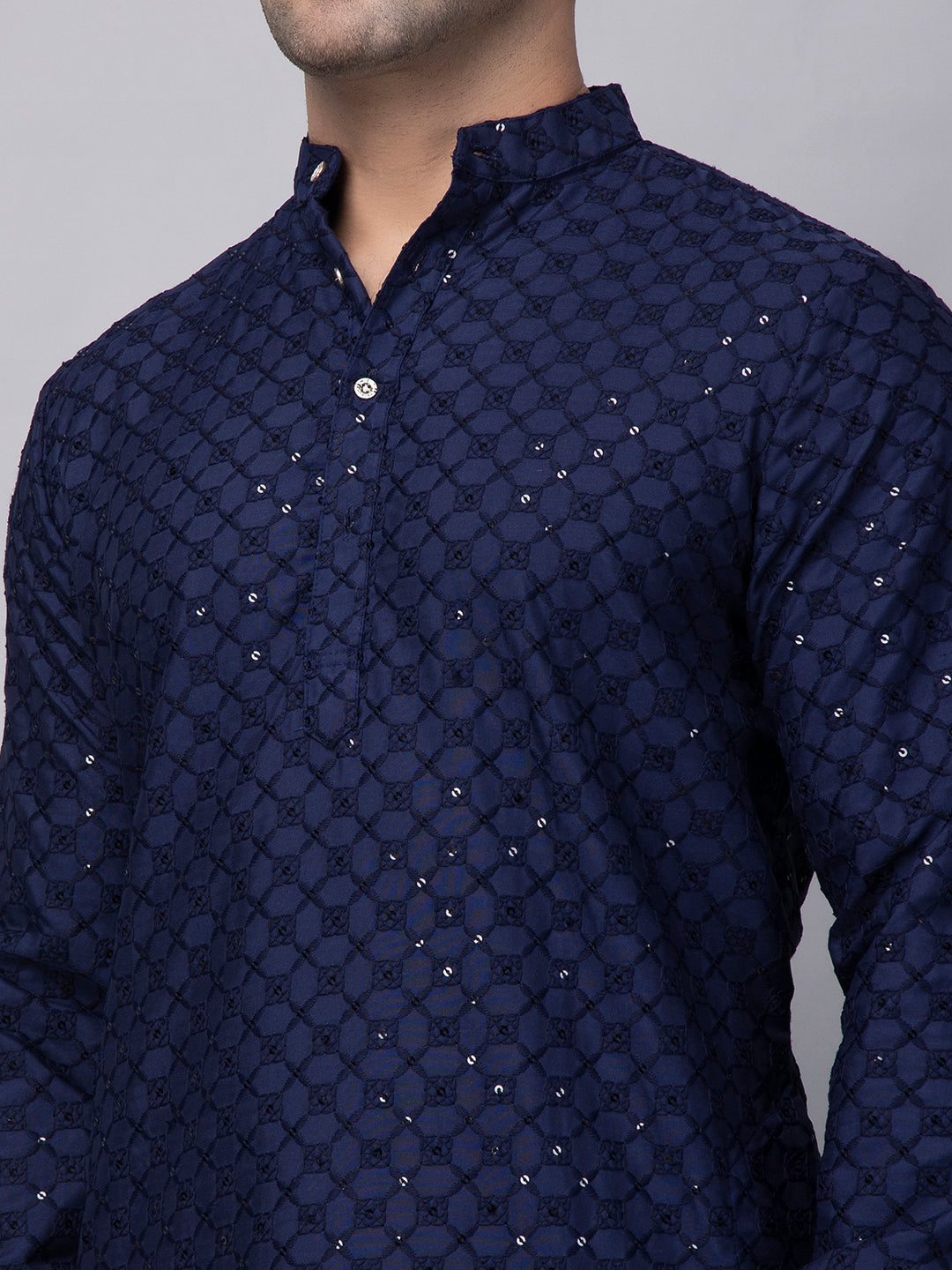 Hangup Men's Ethnic Embroidered navy blue Kurta