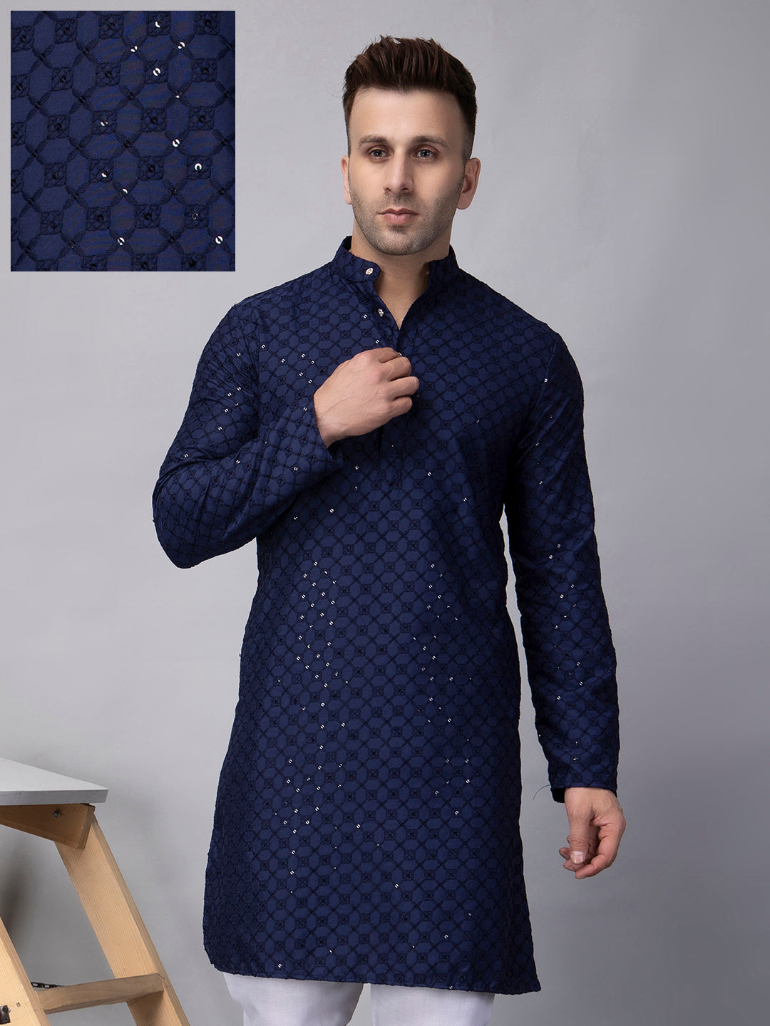 Hangup Men's Ethnic Embroidered navy blue Kurta