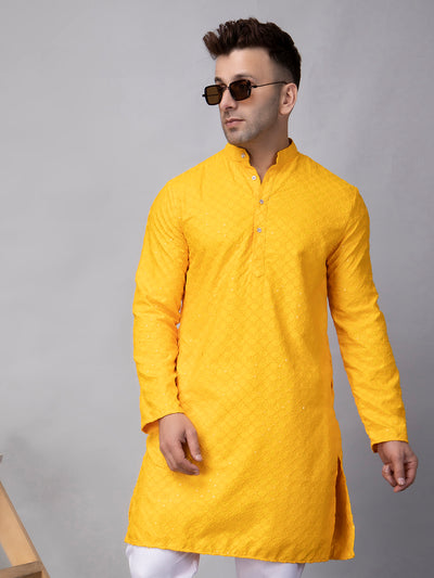 Hangup Men's Ethnic Embroidered Yellow Kurta