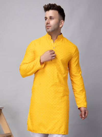 Hangup Men's Ethnic Embroidered Yellow Kurta