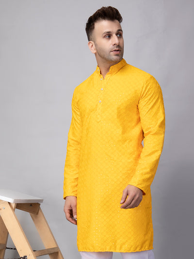 Hangup Men's Ethnic Embroidered Yellow Kurta