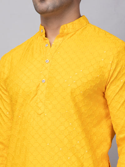 Hangup Men's Ethnic Embroidered Yellow Kurta